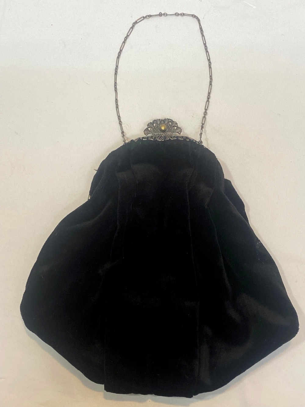 Antique Velvet Handbag with Filligree Silverplate and Chain Handle